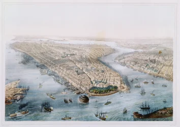 Luftaufnahme von New York und Brooklyn, graviert von T.H. Muller, veröffentlicht von L. Turgis, Paris, ca. 1850